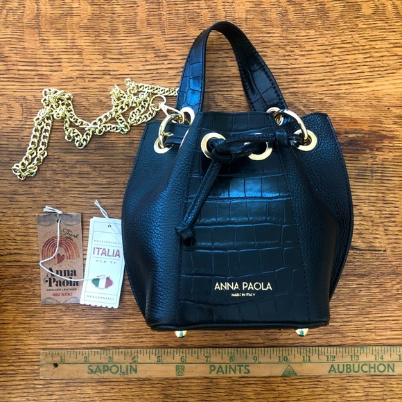 Anna Paola Bags Anna Paola Black Leather Bucket Cinch Bag Chain And